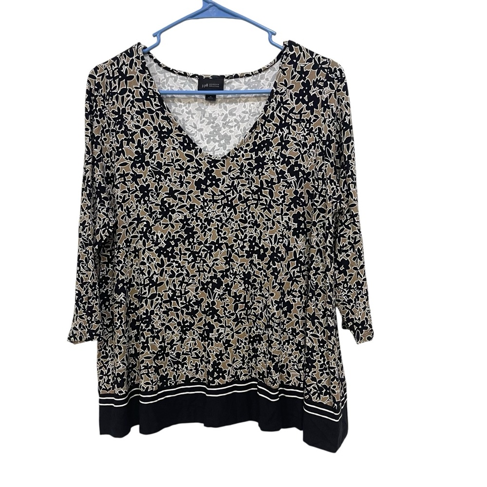 J Jill Wearever Collection Floral Print 3/4” Sleeve Top Black Stretch Womens MP